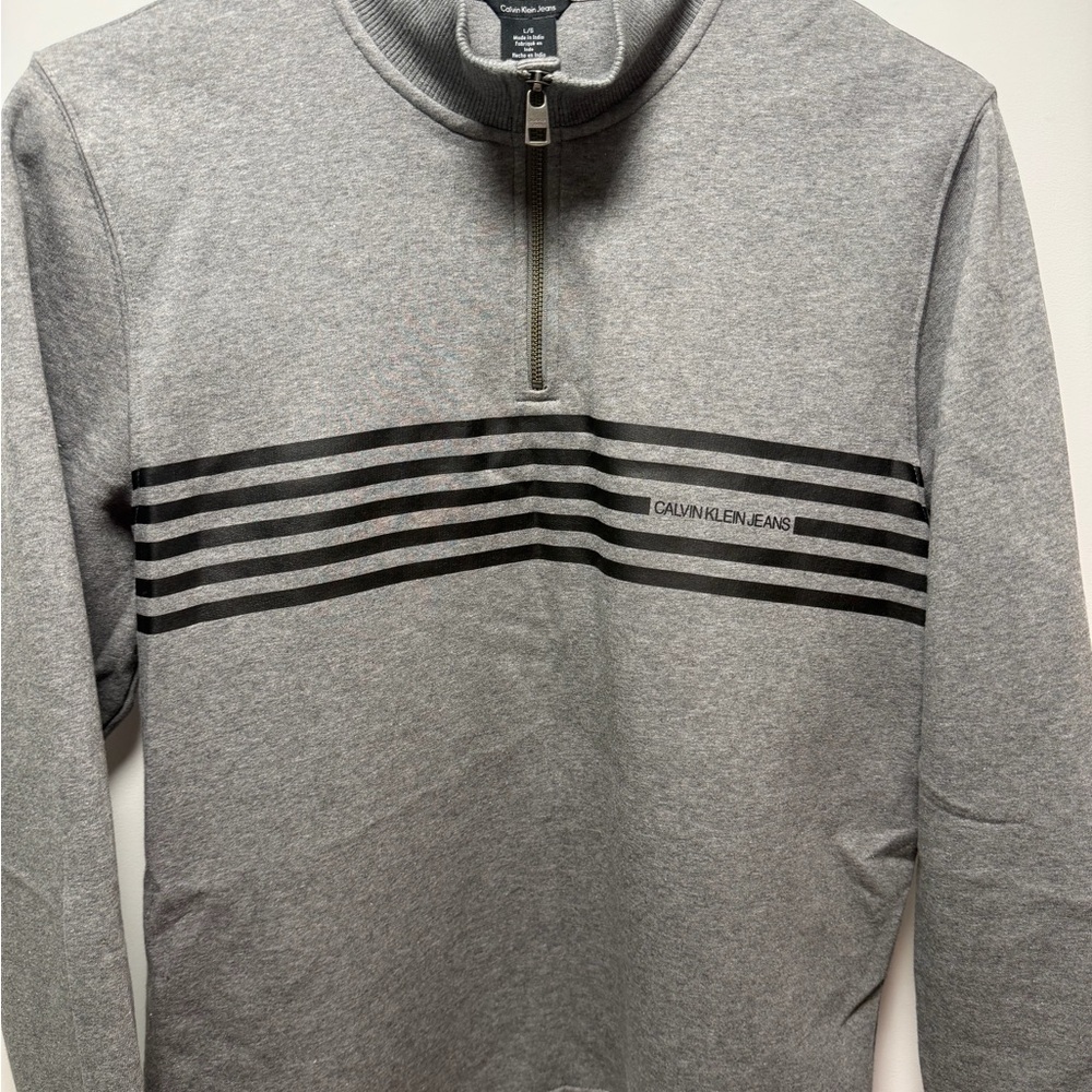 Calvin Klein Jeans Men's Heather Gray Striped Zip-Up Sweater
